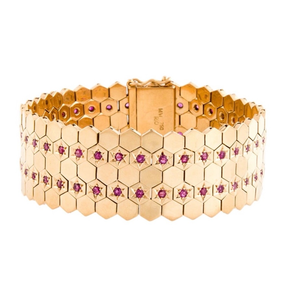Bracelet
Retro 18K 1.74ctw Ruby Honeycomb Link Bracelet 7.25
